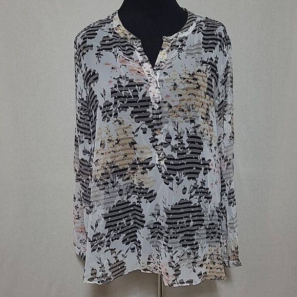 NEW Paradigma Stitch Fix Womens XL Sheer Floral Henley Blouse Off White - Picture 1 of 13